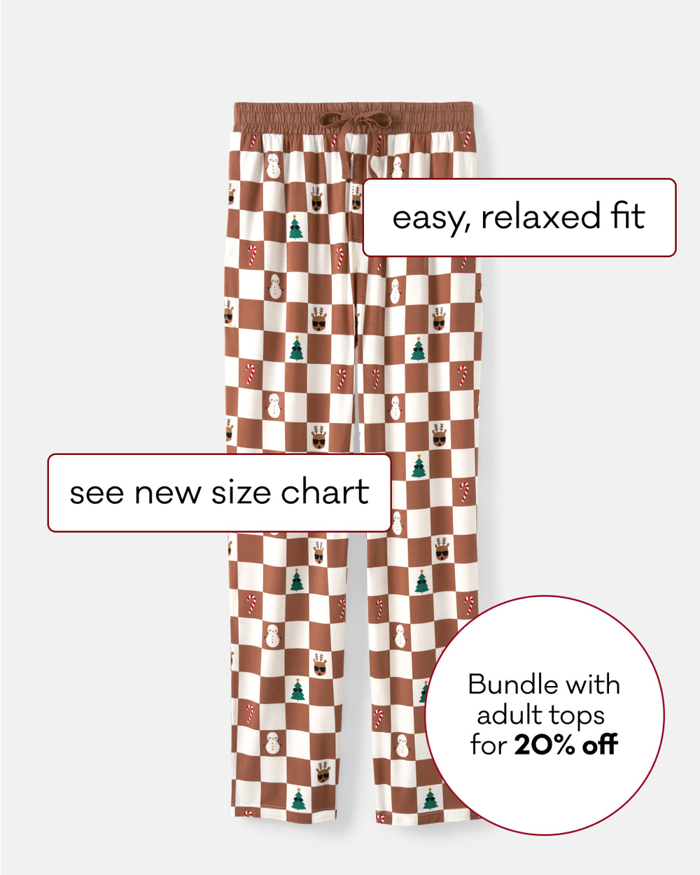 Brown and cream checkered pajama pants with a holiday theme, featuring snowmen, and Christmas trees. The image includes promotional text overlays: 'easy, relaxed fit', 'see new size chart', and 'Bundle with adult tops for 20% off'.