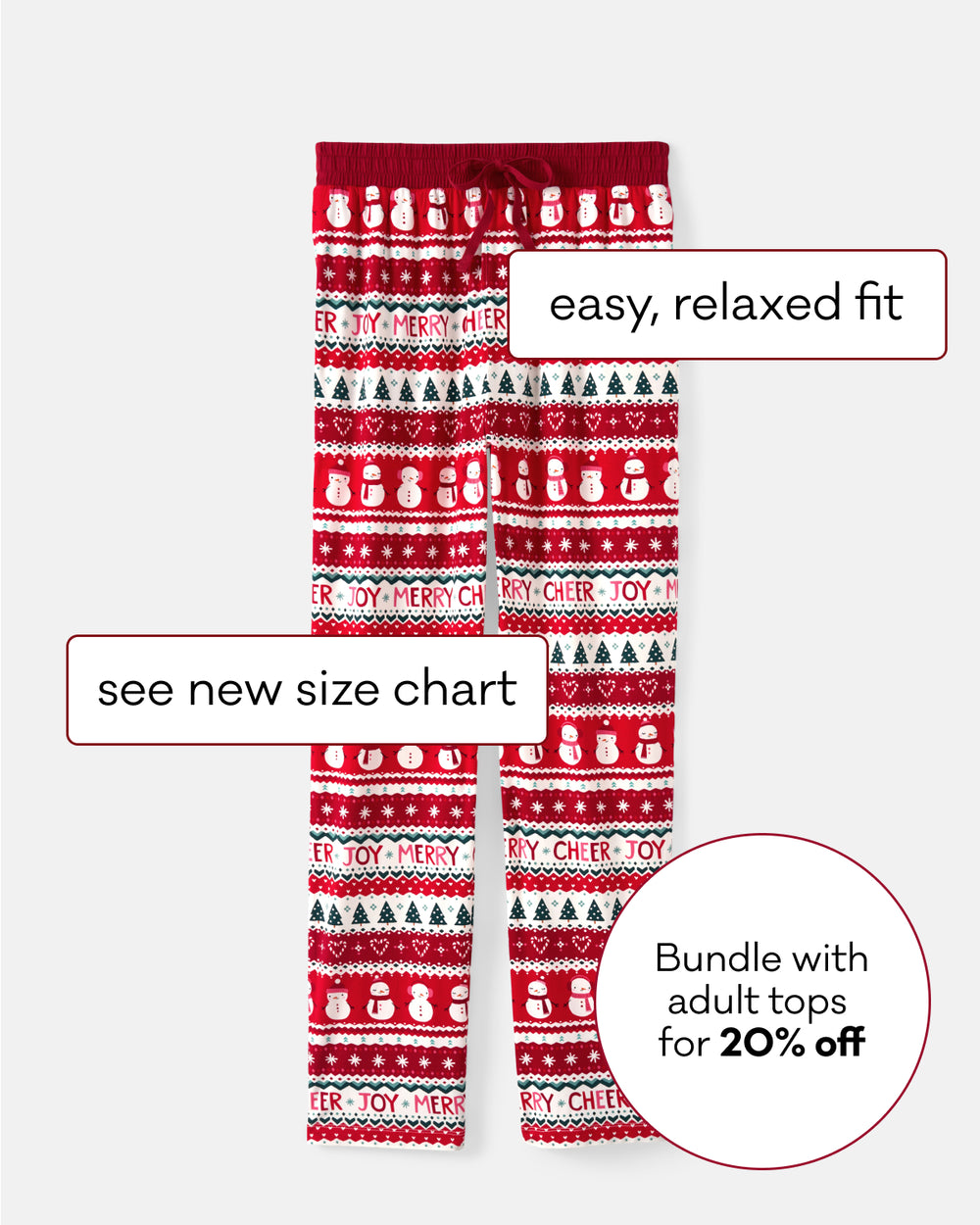 Red and white Christmas fairisle themed pajama pants with a knit pattern of snowmen, trees, and holiday text, shown on a light gray background with promotional text overlays.