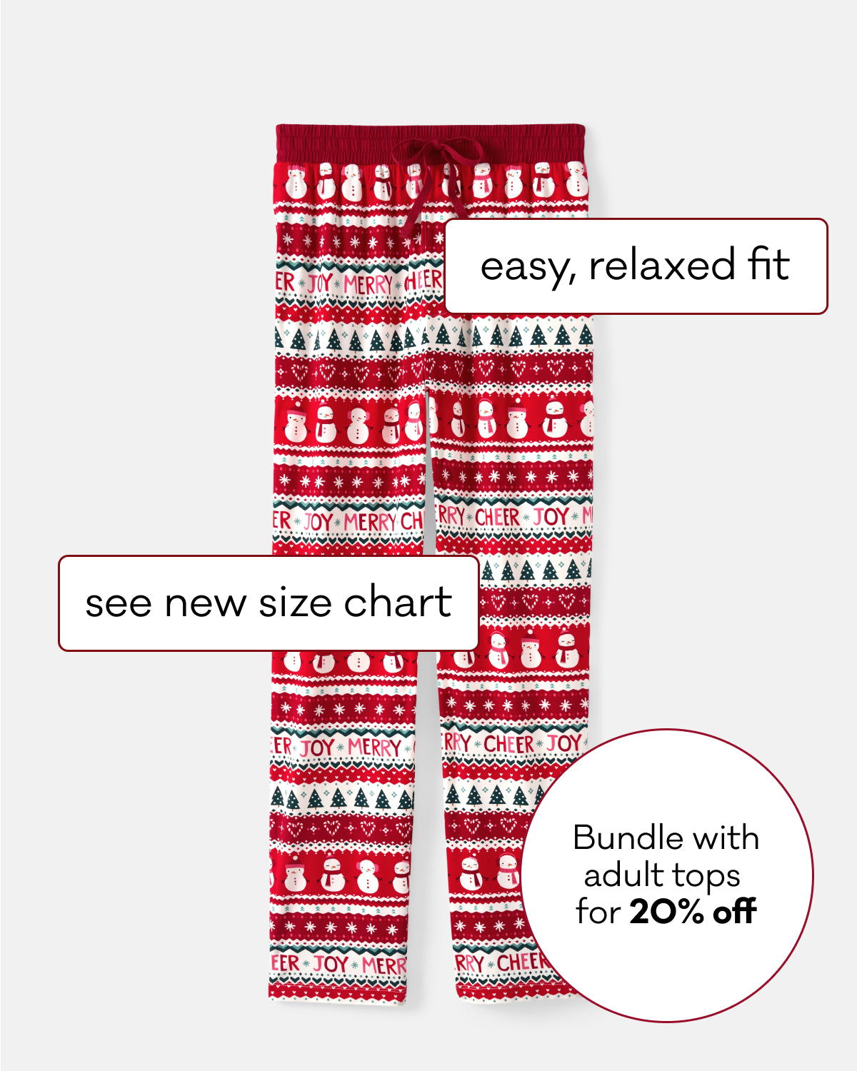 Red and white Christmas fairisle themed pajama pants with a knit pattern of snowmen, trees, and holiday text, shown on a light gray background with promotional text overlays.