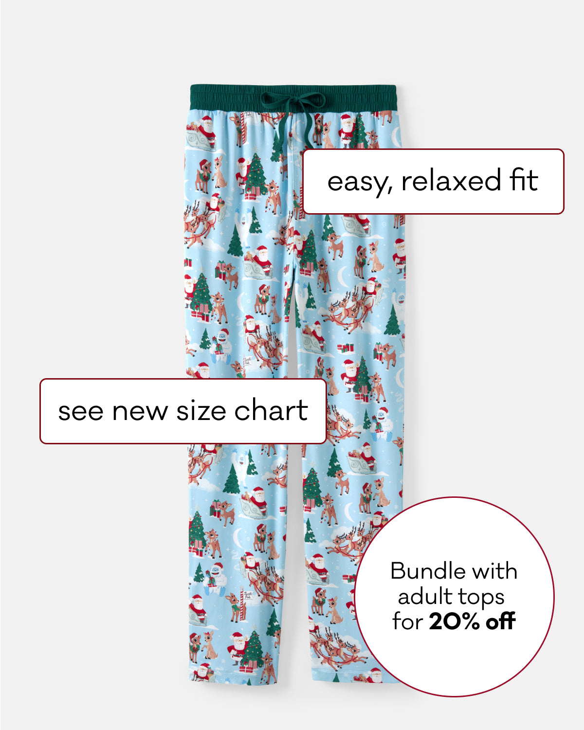 Light blue Rudolph-themed pajama pants with a green elastic waistband and drawstring, featuring a print of Santa Claus, reindeer, and pine trees. The image includes promotional text overlays: 'easy, relaxed fit', 'see new size chart', and 'Bundle with adult tops for 20% off'.