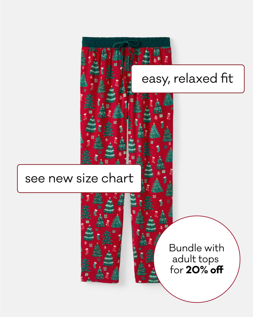 Red Christmas tree themed pajama pants with a green tree pattern, shown on a light gray background with promotional text overlays.