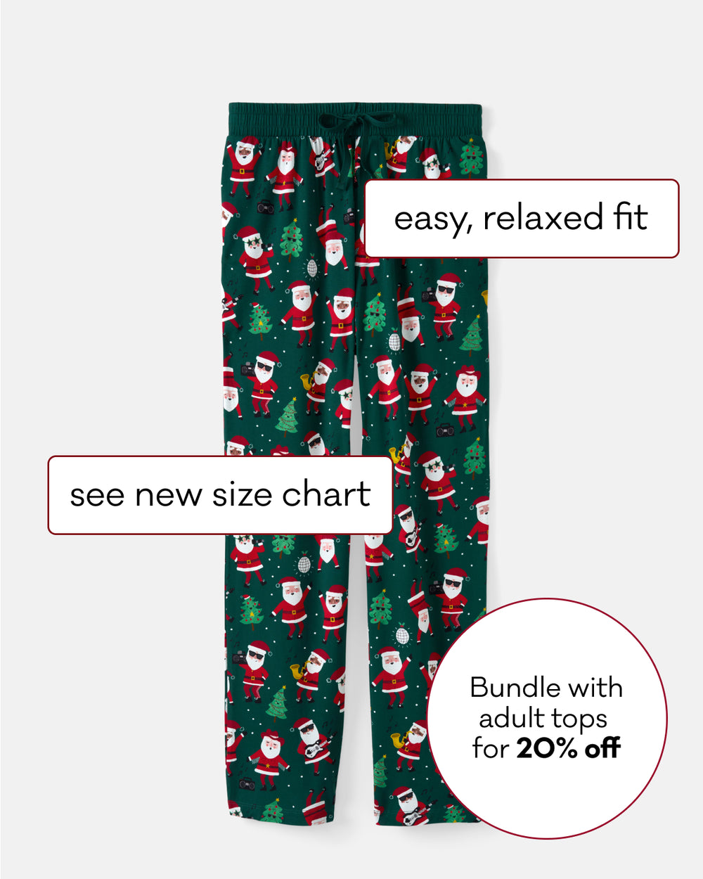 Santa themed pajama pants with a green background and an all-over Santa Claus and tree print, shown on a light gray background with promotional text overlays.
