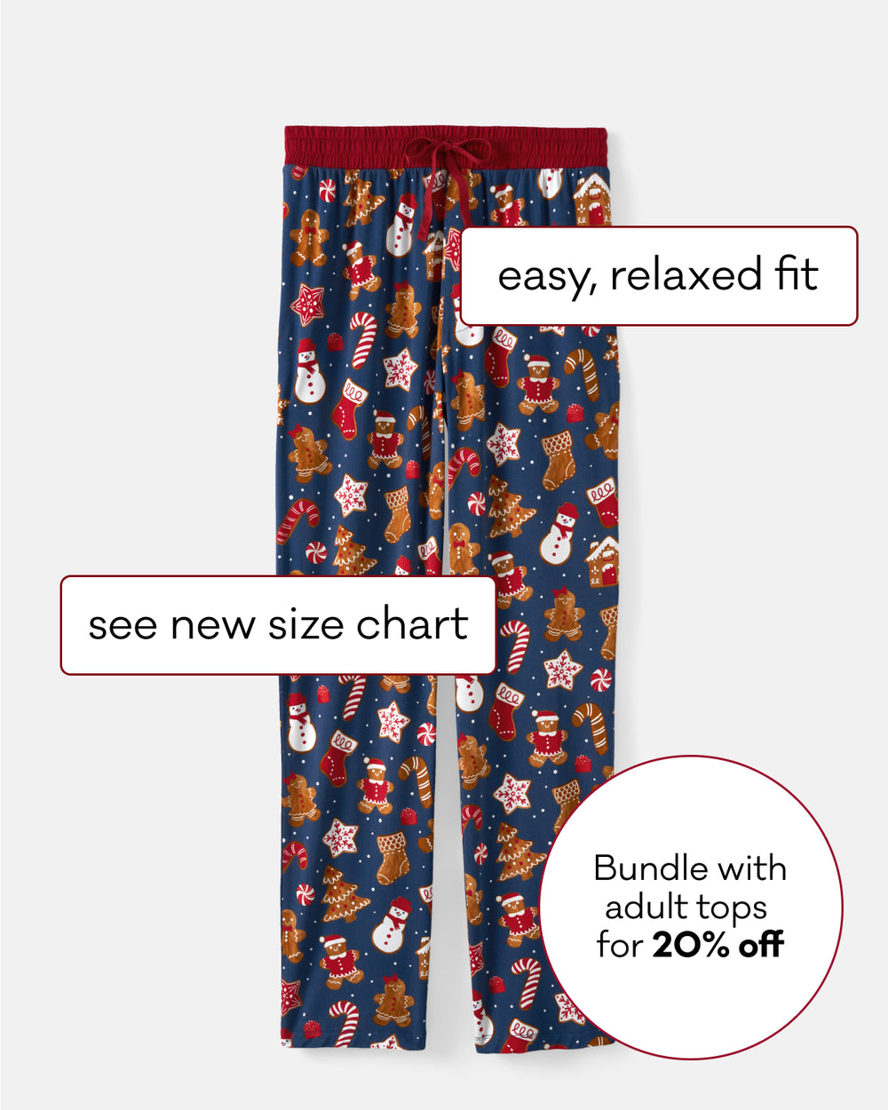 Gingerbread-themed pajama pants with a festive multicolor print on a navy blue background, featuring snowmen, gingerbread men, and candy canes. The pants have an elastic waistband and are shown with promotional text overlays on a light gray background.