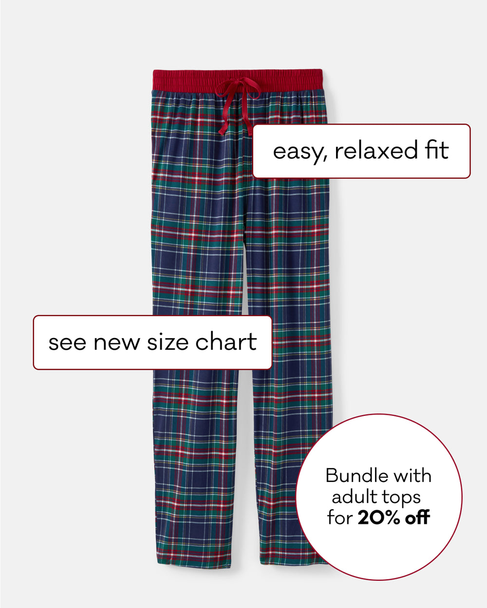 A pair of plaid pajama pants shown on a light gray background with promotional text overlays. The pants have a navy base with red, green, and blue plaid lines and a red elastic waistband with a red drawstring.