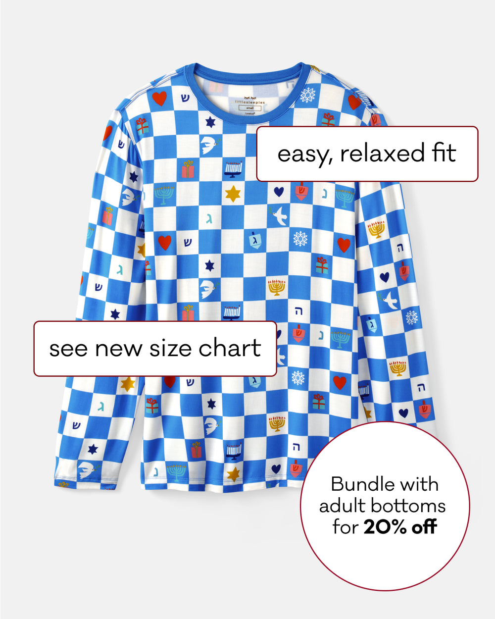 A long-sleeve pajama top with a blue and white checkerboard pattern and small colorful printed icons, shown on a light gray background with promotional text overlays.