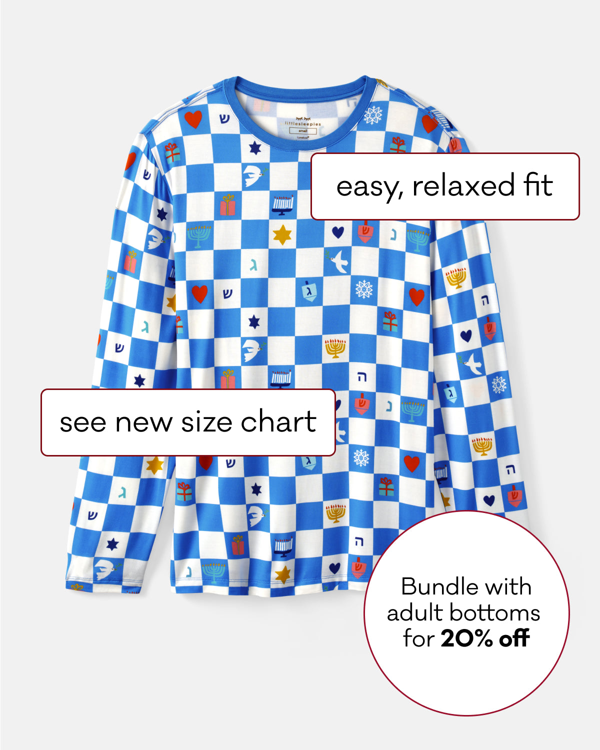 A long-sleeve pajama top with a blue and white checkerboard pattern and small colorful printed icons, shown on a light gray background with promotional text overlays.