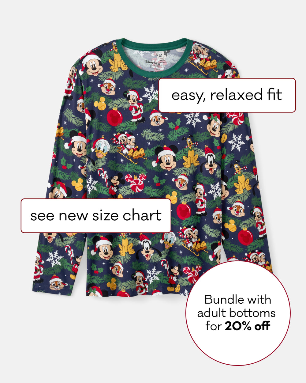 A long-sleeve pajama top with an all-over Christmas Mickey Mouse print on a dark navy background, shown on a light gray background with promotional text overlays.