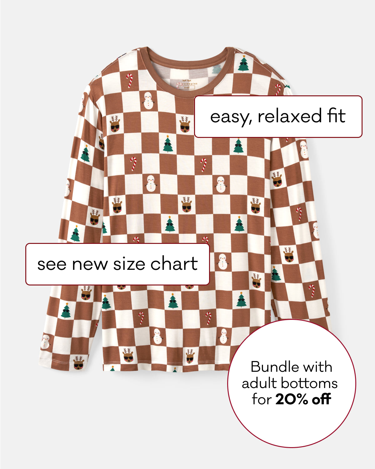 A long-sleeve pajama top with a brown and cream checkerboard pattern decorated with small holiday motifs like snowmen, Christmas trees, and reindeer. The image includes promotional text overlays: 'easy, relaxed fit', 'see new size chart', and 'Bundle with adult bottoms for 20% off'.