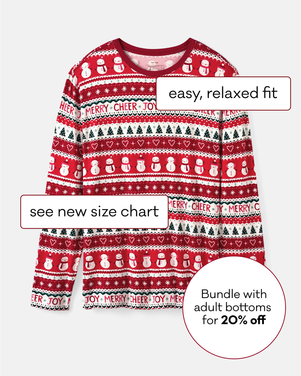 A festive red and white holiday pajama top with snowman, tree, and heart patterns, shown on a light gray background with promotional text overlays including 'easy, relaxed fit', 'see new size chart', and 'Bundle with adult bottoms for 20% off'.