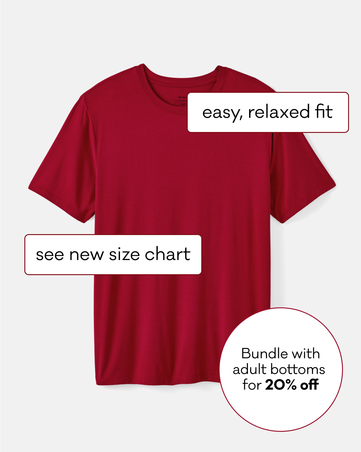 A red short-sleeve crewneck T-shirt shown on a light gray background with promotional text overlays reading 'easy, relaxed fit,' 'see new size chart,' and 'Bundle with adult bottoms for 20% off.'.