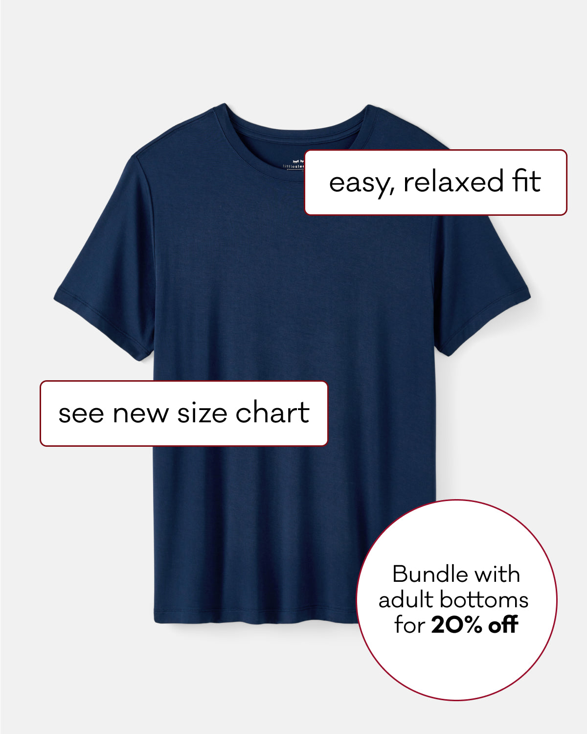 A navy blue short-sleeve crewneck T-shirt shown on a light gray background with promotional text overlays reading 'easy, relaxed fit,' 'see new size chart,' and 'Bundle with adult bottoms for 20% off.'.