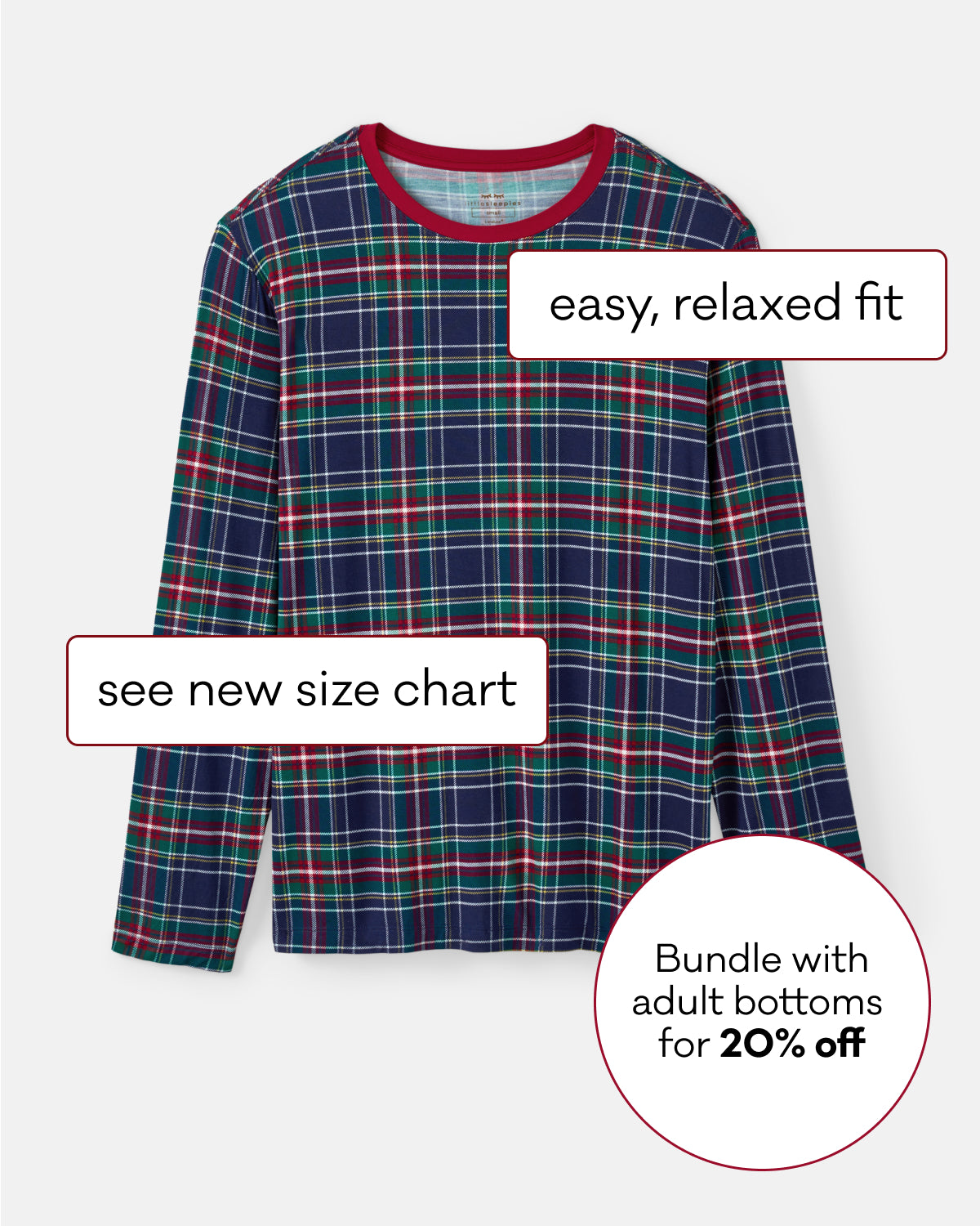 A long-sleeve plaid top in navy blue with red, green, and white lines, shown on a light gray background with promotional text overlays including 'easy, relaxed fit', 'see new size chart', and 'Bundle with adult bottoms for 20% off'.