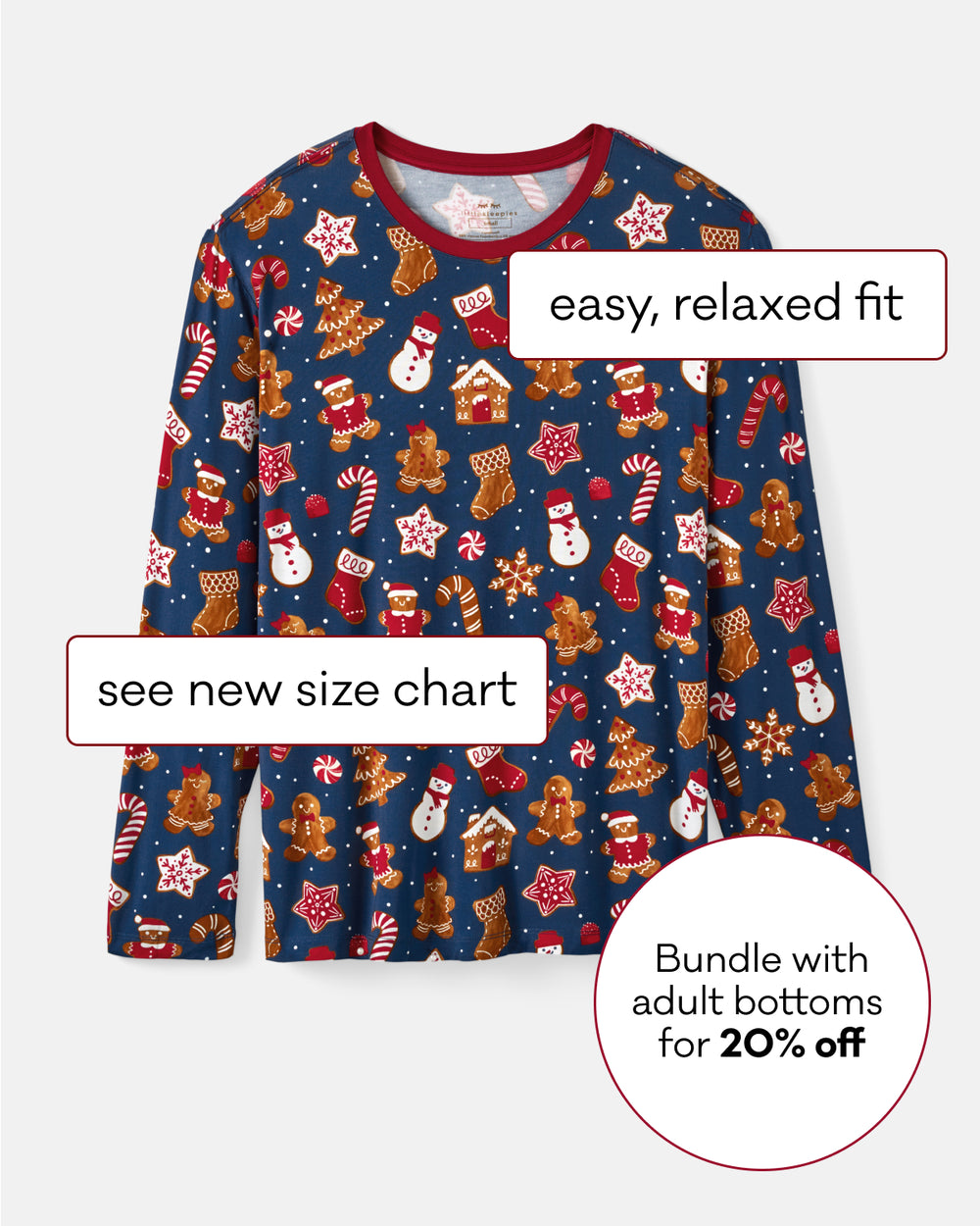 A long-sleeve Christmas-themed pajama top with a navy blue base and a festive print of gingerbread men, snowmen, candy canes, and ornaments. The image includes text callouts: 'easy, relaxed fit', 'see new size chart', and 'Bundle with adult bottoms for 20% off' on a light gray background.