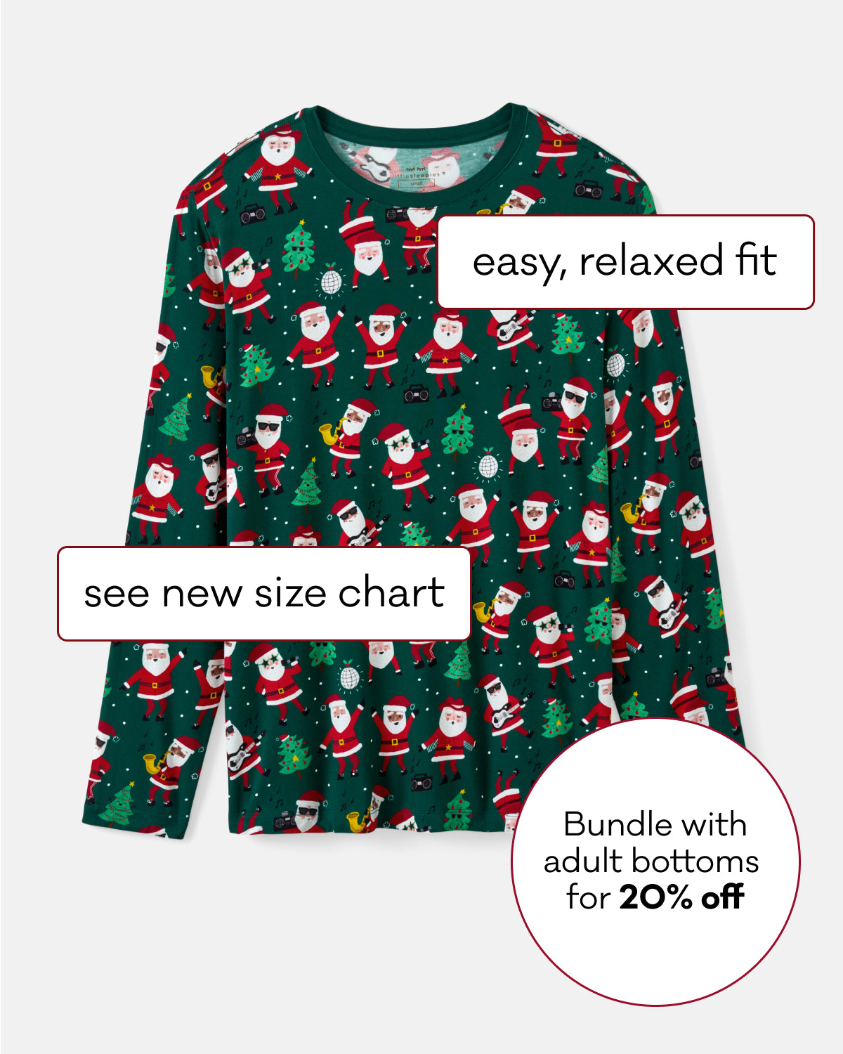A dark green long-sleeve Christmas pajama top with an all-over Santa Claus print, shown on a light gray background with promotional text overlays including 'easy, relaxed fit', 'see new size chart', and 'Bundle with adult bottoms for 20% off'.