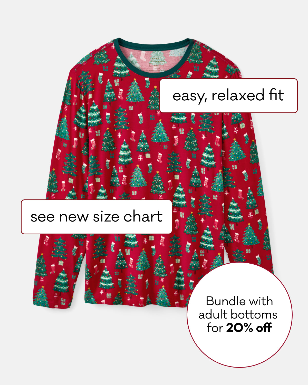 A red long-sleeve pajama top with a green Christmas tree pattern, shown on a light gray background with promotional text overlays including 'easy, relaxed fit,' 'see new size chart,' and 'Bundle with adult bottoms for 20% off.'.