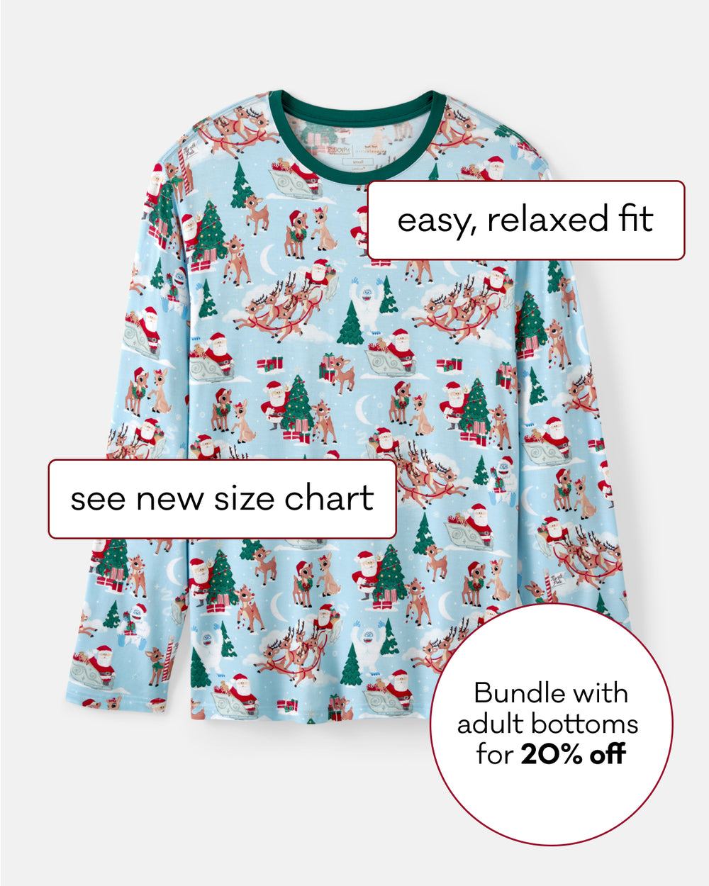 A light blue long-sleeve pajama top with a Rudolph print, featuring text overlays that read 'easy, relaxed fit', 'see new size chart', and 'Bundle with adult bottoms for 20% off'.