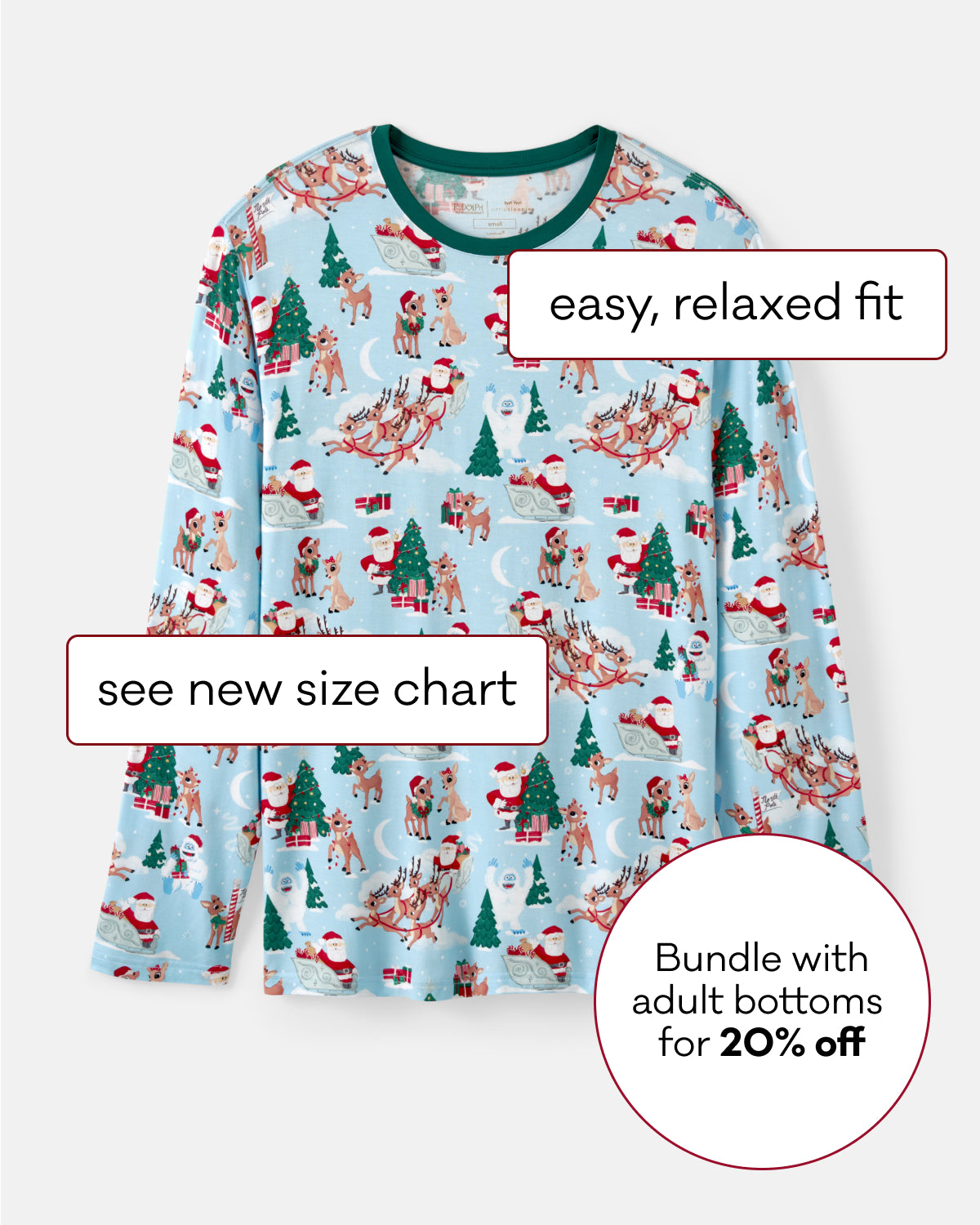 A light blue long-sleeve pajama top with a Rudolph print, featuring text overlays that read 'easy, relaxed fit', 'see new size chart', and 'Bundle with adult bottoms for 20% off'.