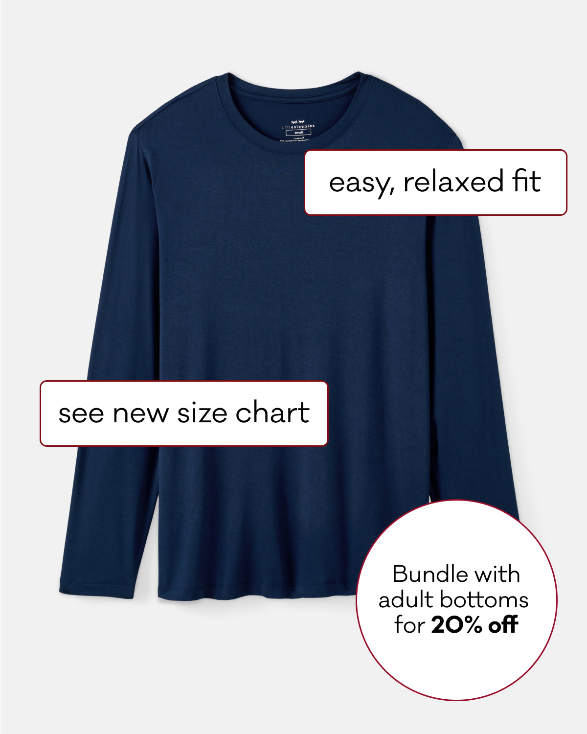 A navy blue long-sleeve crewneck shirt shown on a light gray background with promotional text overlays reading 'easy, relaxed fit,' 'see new size chart,' and 'Bundle with adult bottoms for 20% off.'.