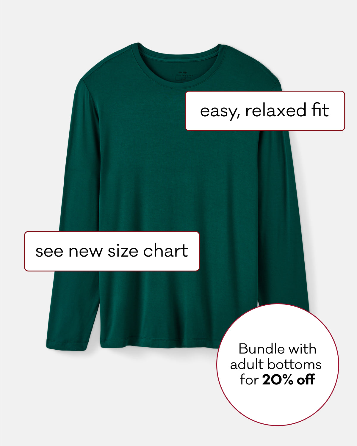 A dark green long-sleeve crewneck shirt on a light gray background with promotional text overlays reading 'easy, relaxed fit,' 'see new size chart,' and 'Bundle with adult bottoms for 20% off.'.