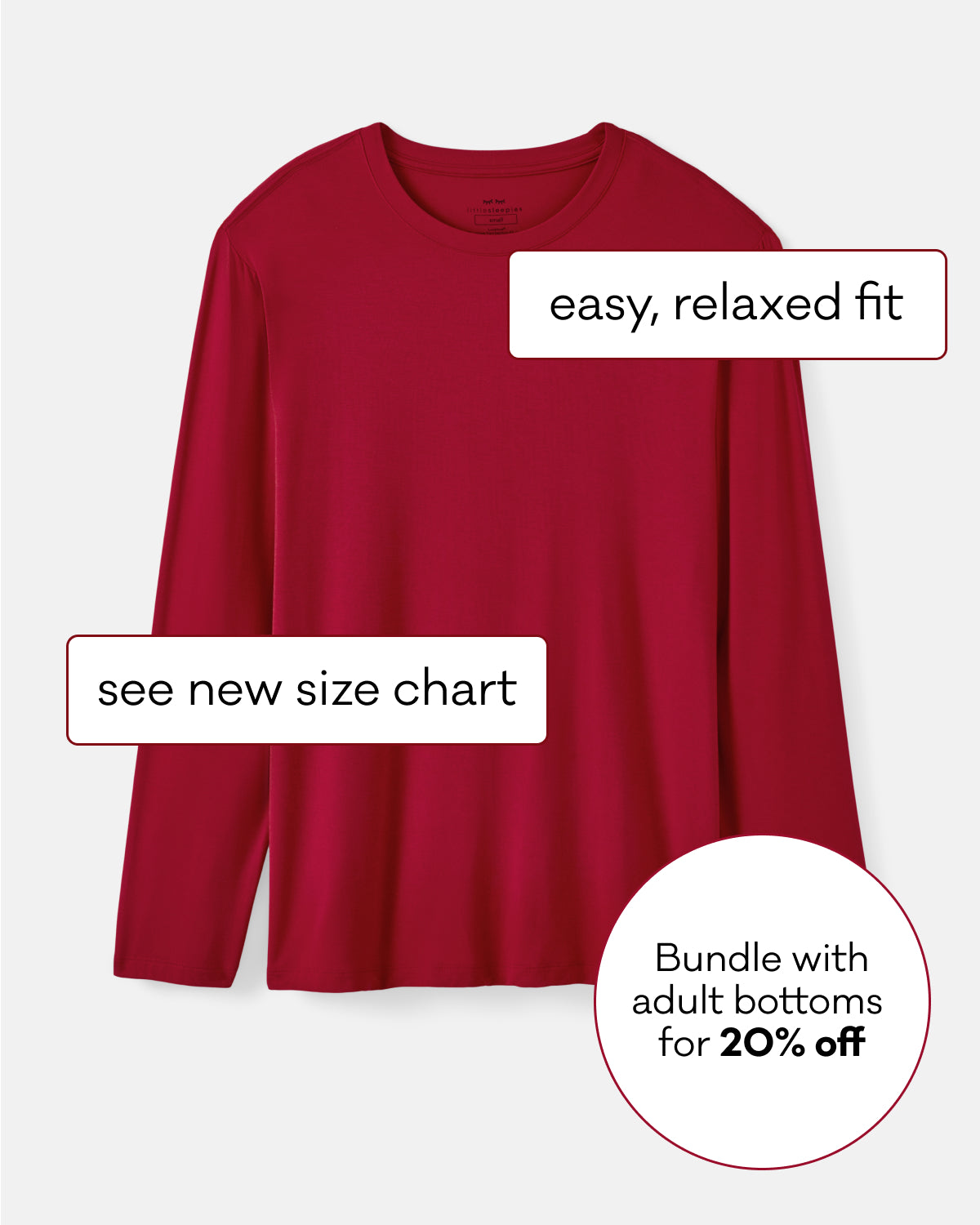 A long-sleeve crewneck shirt in deep red is shown on a light gray background with text callouts reading 'easy, relaxed fit,' 'see new size chart,' and 'Bundle with adult bottoms for 20% off.' 