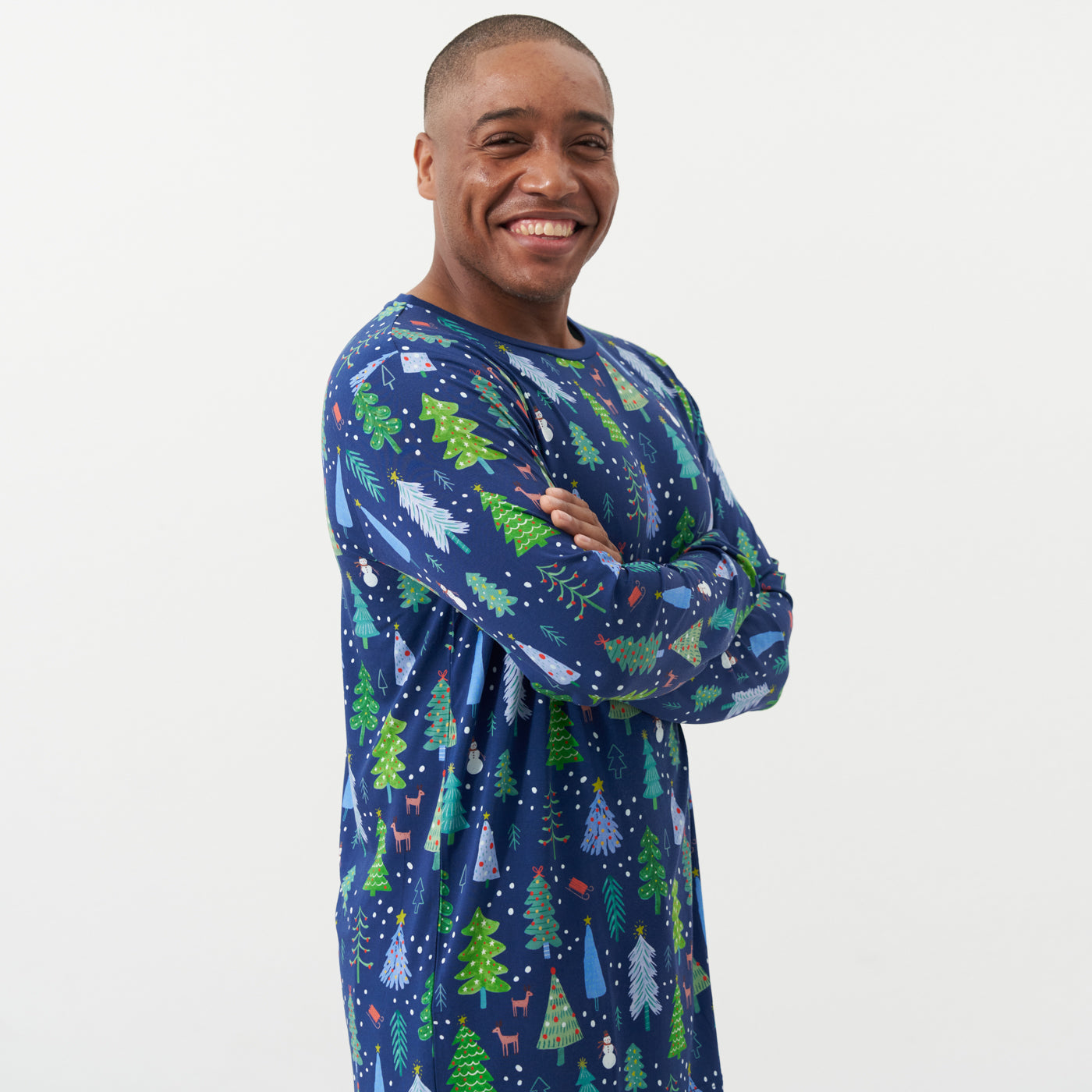 Profile image of a man posing wearing Blue Merry and Bright men's pajama top
