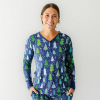 Woman wearing Blue Merry and Bright women's pajama top