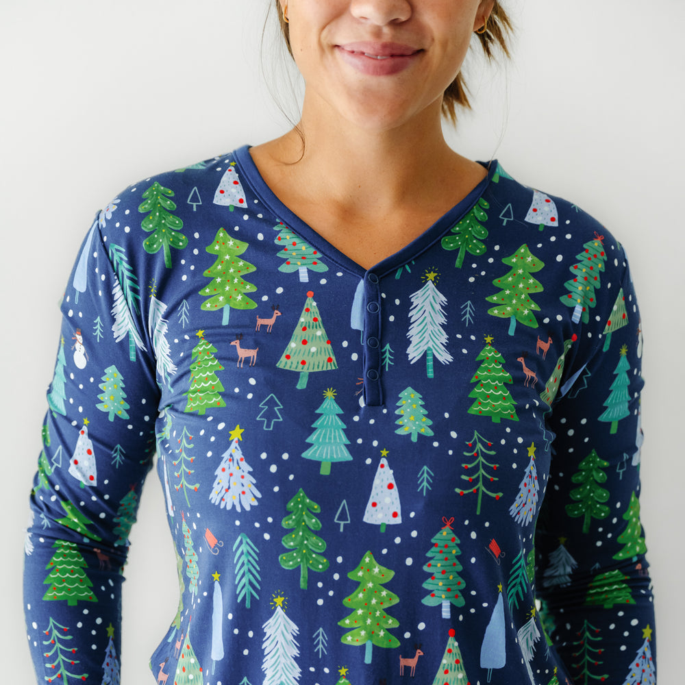 Close up image of a woman wearing Blue Merry and Bright women's pajama top