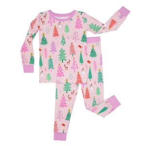 Flat lay image of Pink Merry and Bright two piece pajama sets