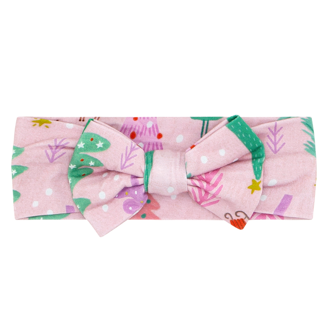 Flat lay image of Pink Merry and Bright luxe bow headband in size newborn to 3T