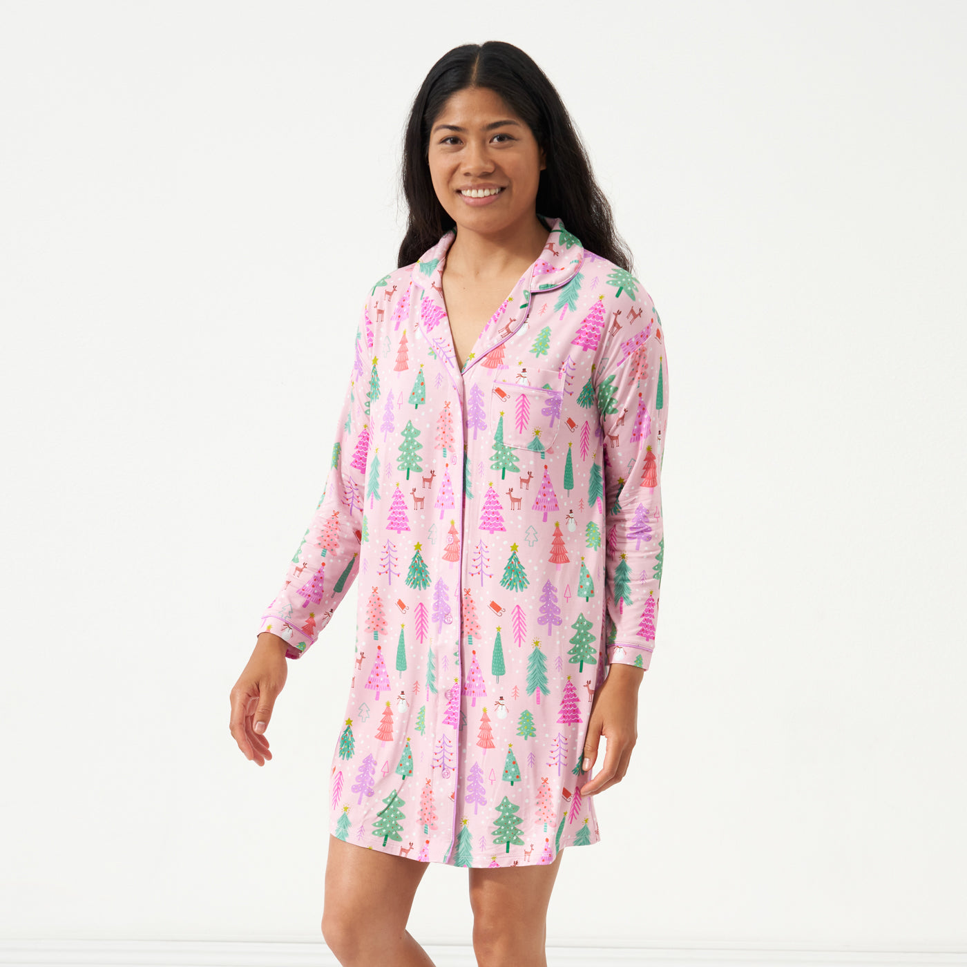 Woman wearing a Pink Merry and Bright women's sleep shirt