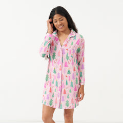 Alternative image of a woman wearing a Pink Merry and Bright women's sleep shirt