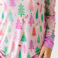 Close up image of Pink Merry and Bright women's pajama top