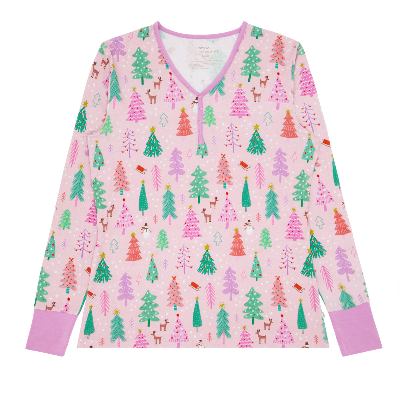 Flat lay image of a Pink Merry and Bright women's pajama top