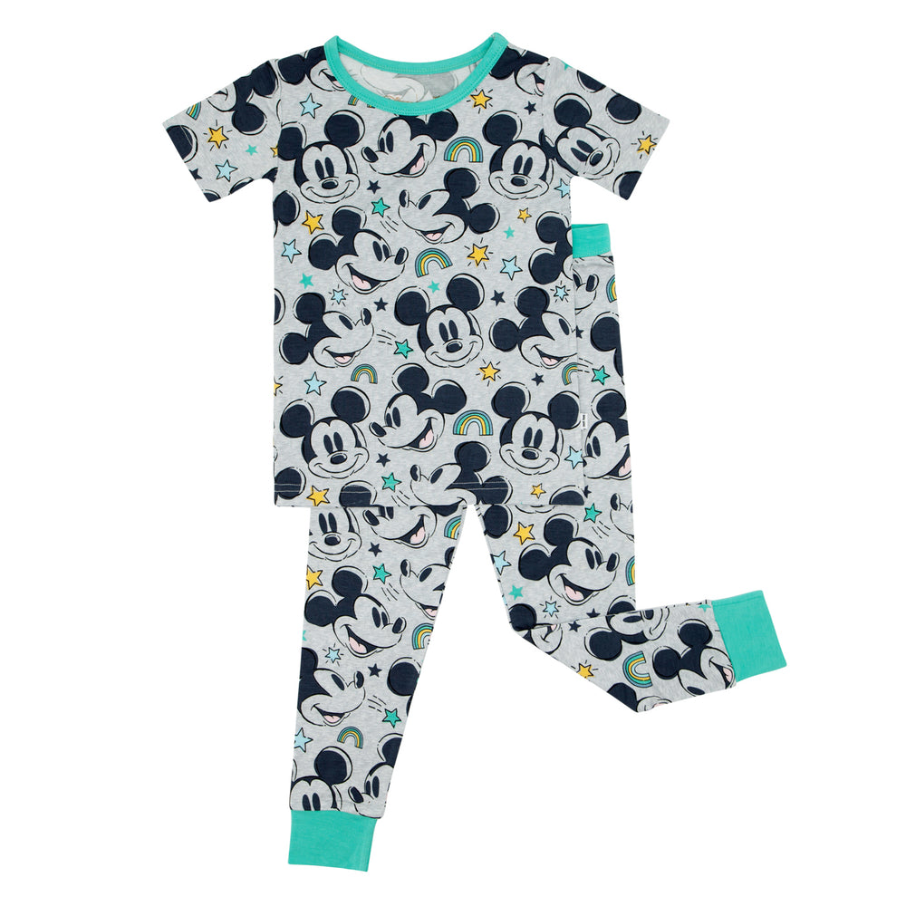 Flat lay image of a Mickey Forever printed two piece short sleeve pajama set