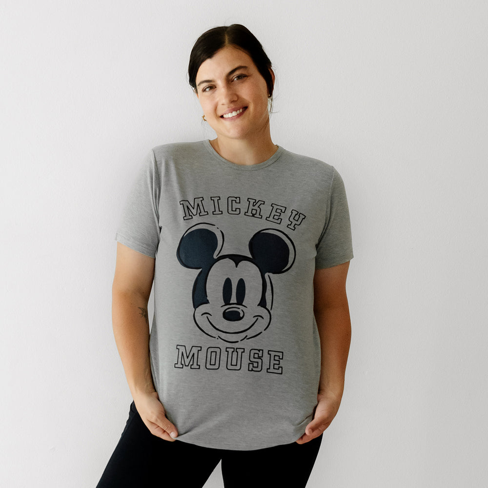 Woman wearing a Mickey collegiate women's graphic tee