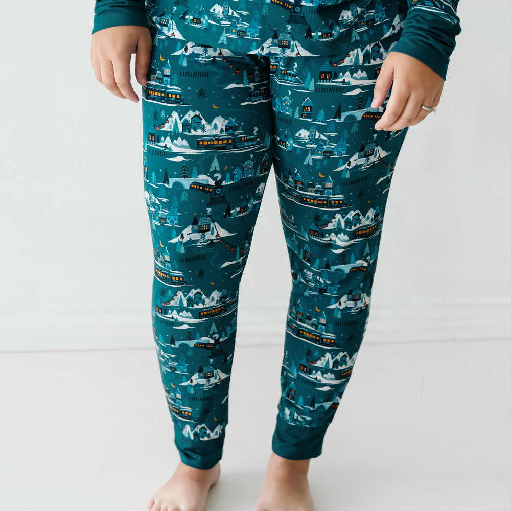 Alternate close up image of a woman wearing Midnight Express women's pajama pants