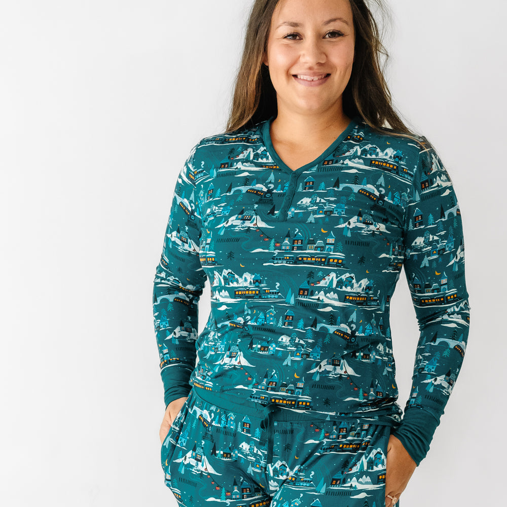 Close up image of a woman wearing a Midnight Express pajama top