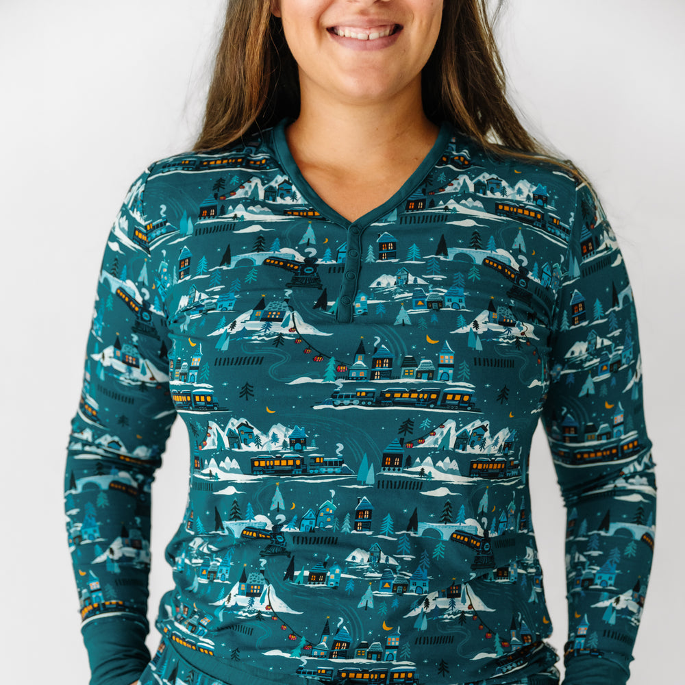 Altenrate close up image of a woman wearing a Midnight Express women's pajama top