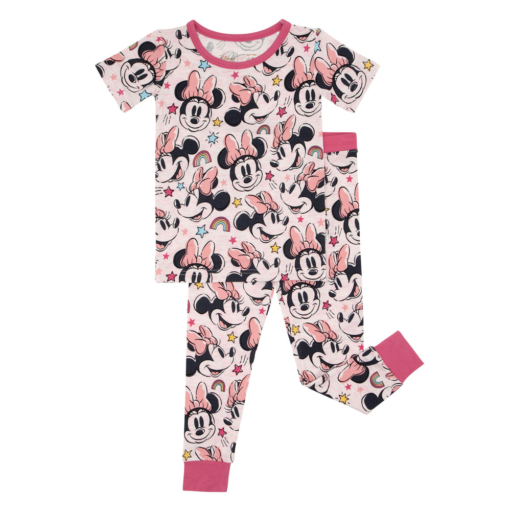 Flat lay image of a Minnie Forever printed two piece short sleeve pajama set