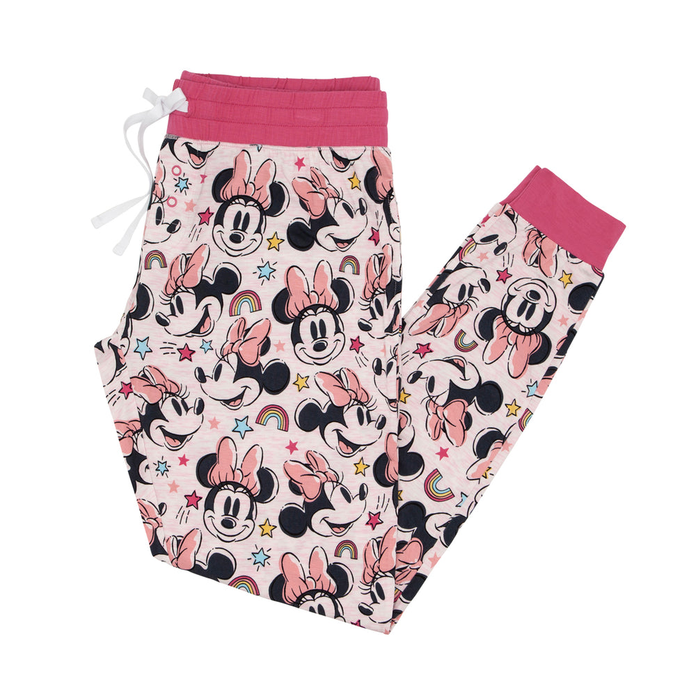 Flat lay image of Minnie Forever printed women's pajama pants