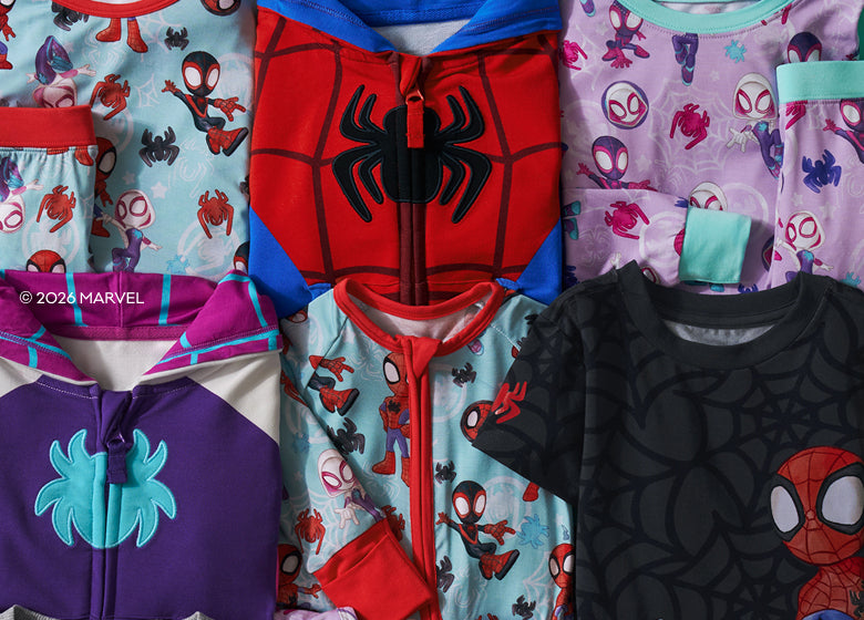 Flat lay of Spidey & His Amazing Friends clothes folded and grouped together