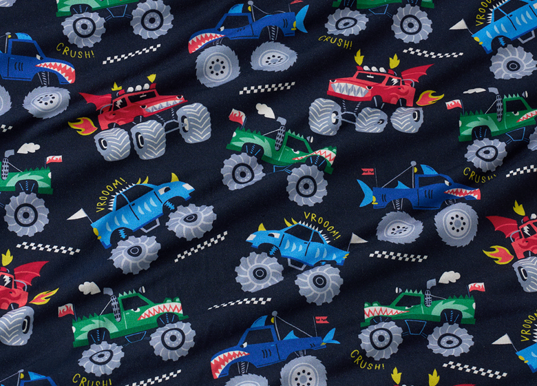 Close up of Monster Truck Madness fabric