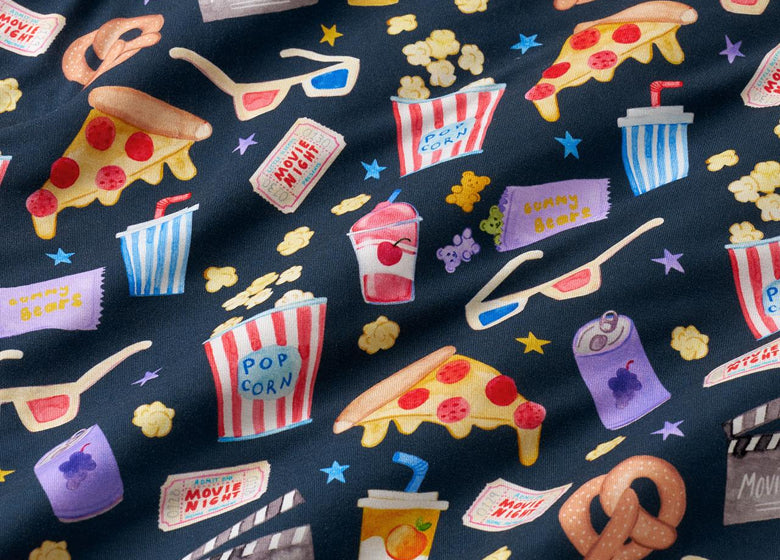 Close up of the Movie Marathon print fabric