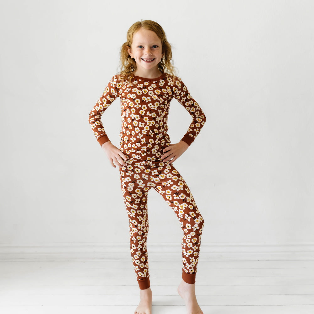 Alternate image of a child wearing a Mocha Blossom printed long sleeve pajama set