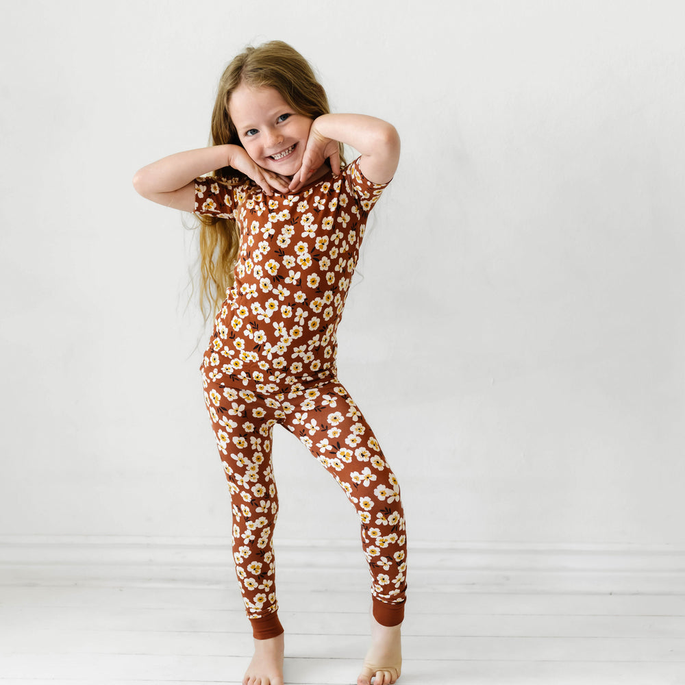 Alternate image of a child wearing a Mocha Blossom printed short sleeve pajama set