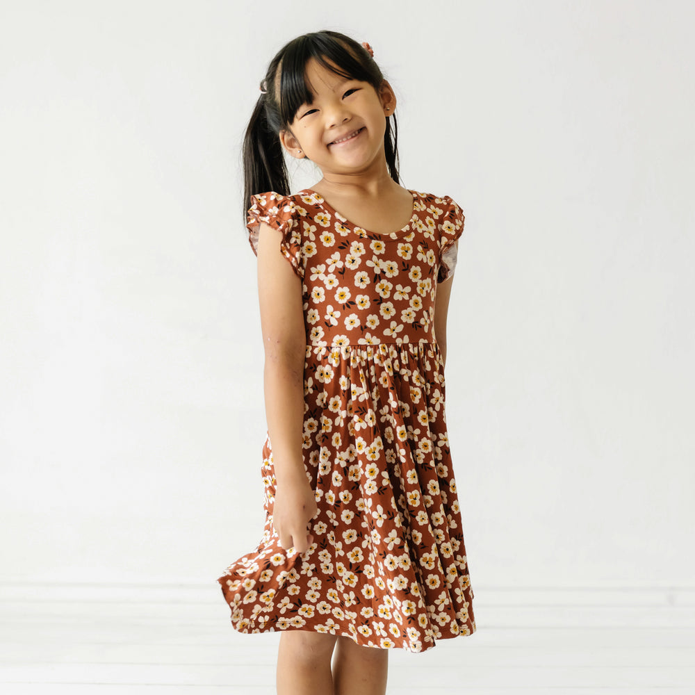 Alternate image of a child wearing a Mocha Blossom printed twirl dress