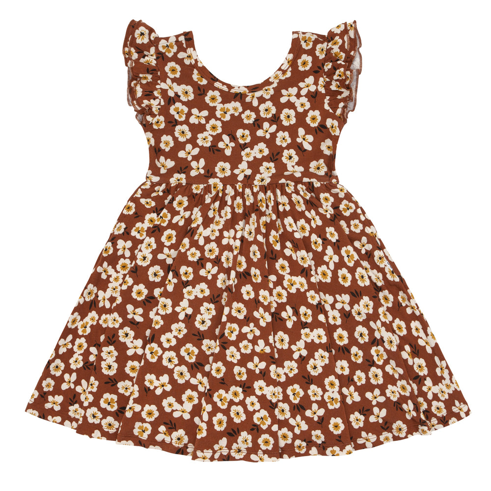 Click to see full screen - Flat lay image of a Mocha Blossom printed twirl dress