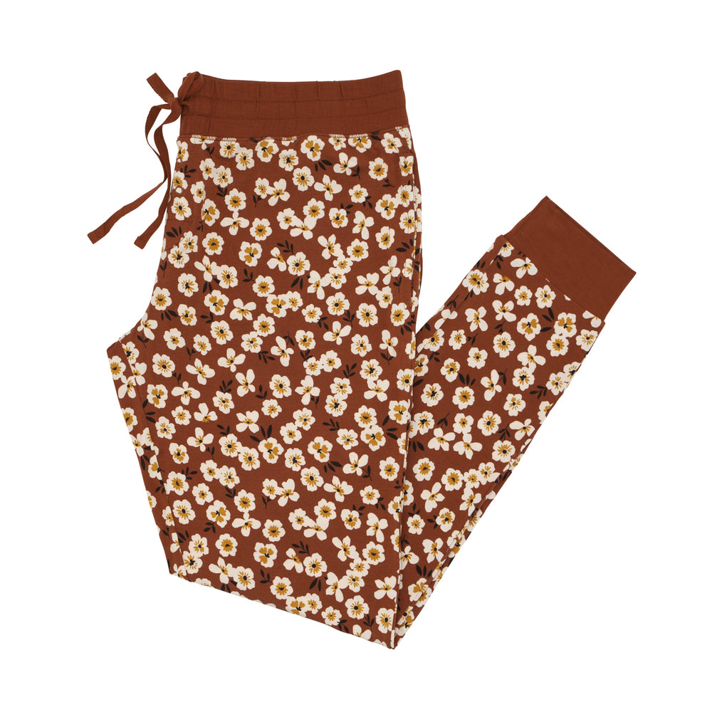 Flat lay image of Mocha Blossom printed women's pajama pants