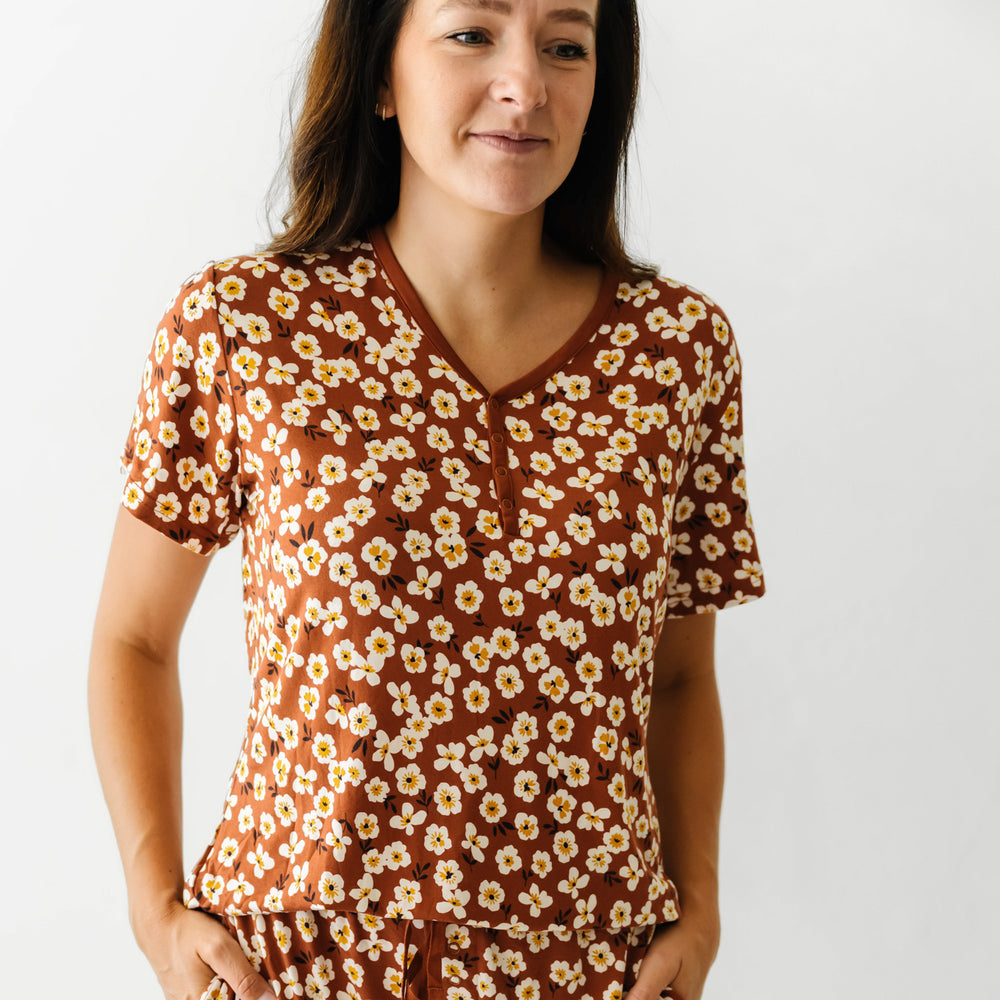 Click to see full screen - Woman wearing a Mocha Blossom printed women's pajama top