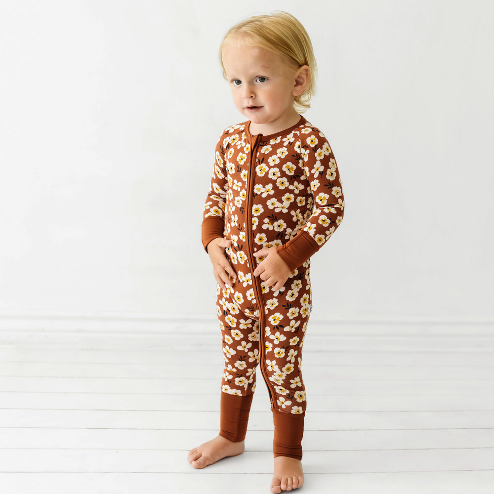 Alternate image of a child wearing a Mocha Blossom printed zippy